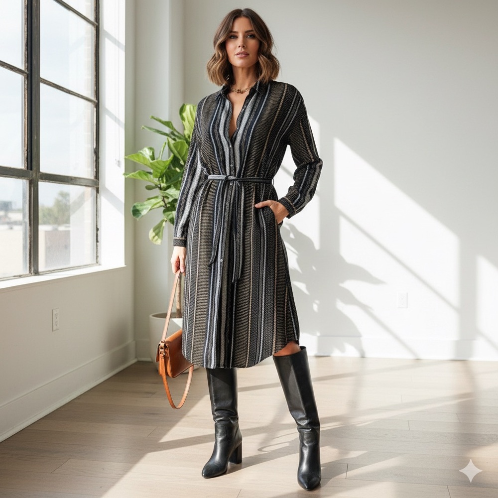 Striped Long-Sleeve Belted Shirt Dress - Black